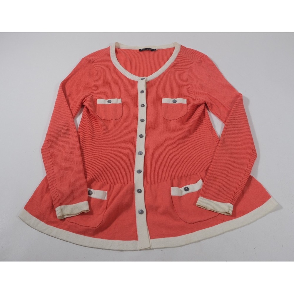 Nic+Zoe Cardigan Womens M Coral Pink Peplum Button Front Ribbed Knit Top